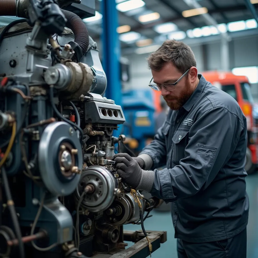 Técnicos reparando un camión comercial